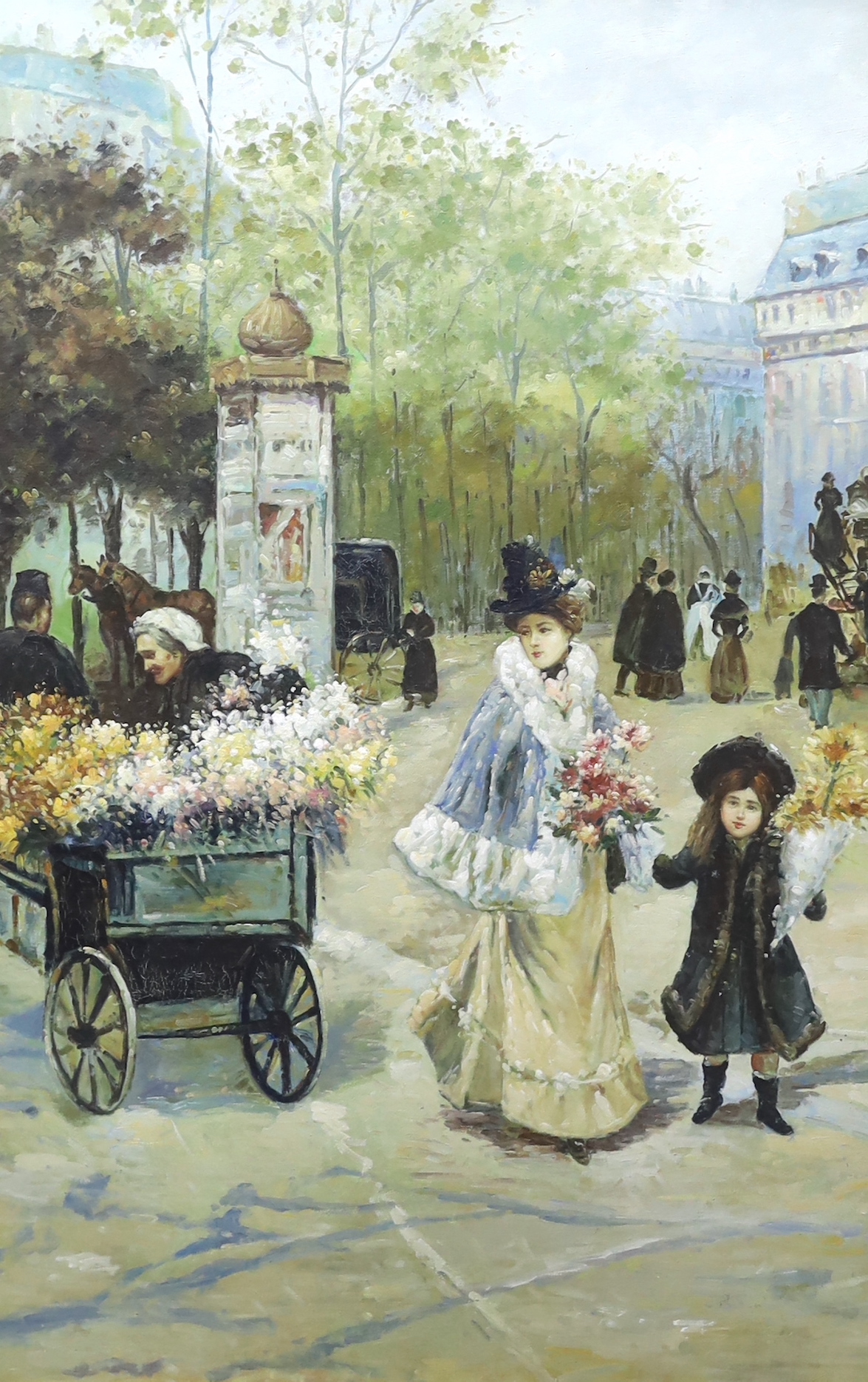 A decorative French style oil on canvas, Flower seller and figures, unsigned, 90 x 60cm, ornately framed